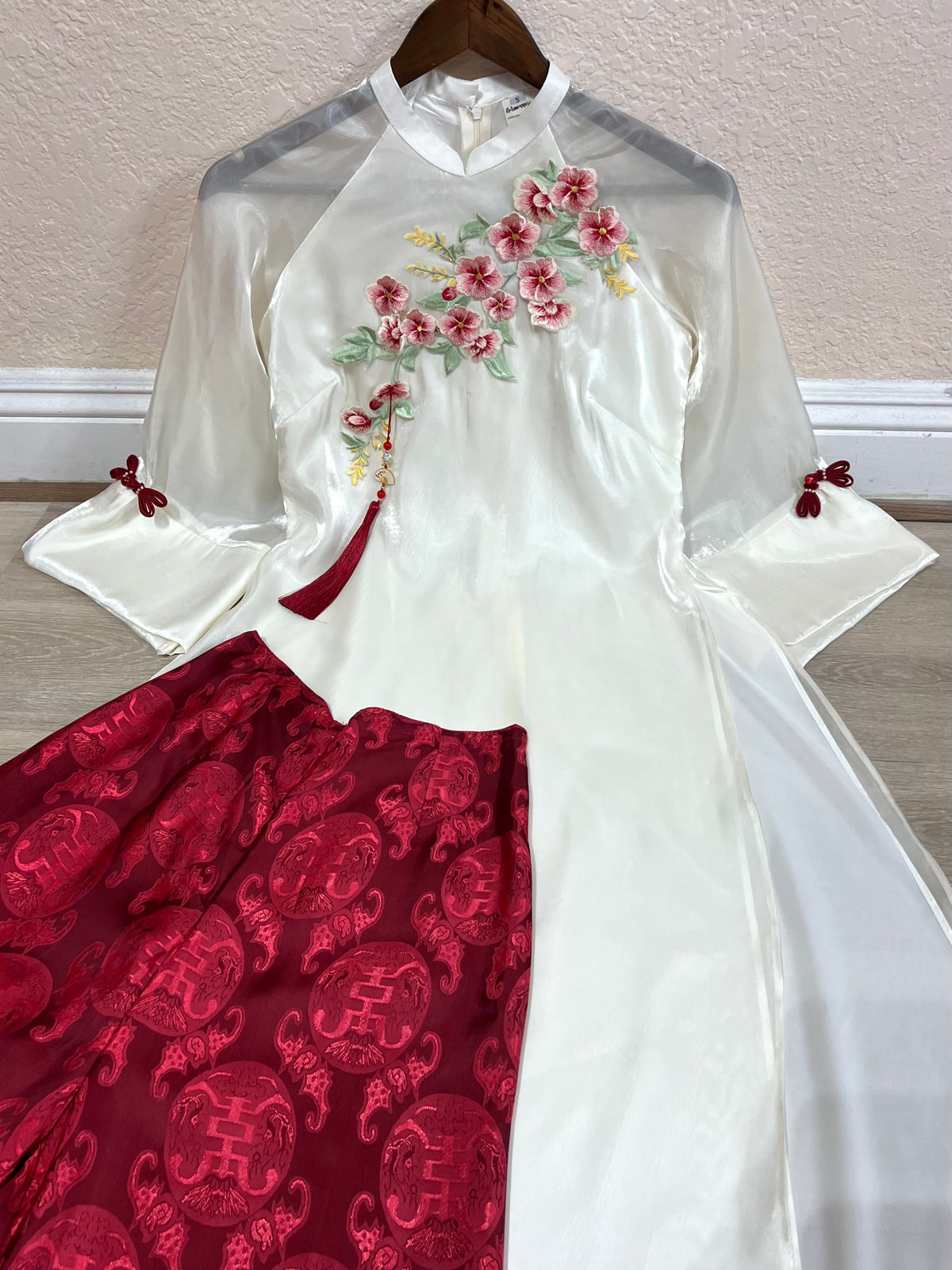 A19 - Set Áo Dài Tơ Organza Trắng/Đỏ | Kèm Quần