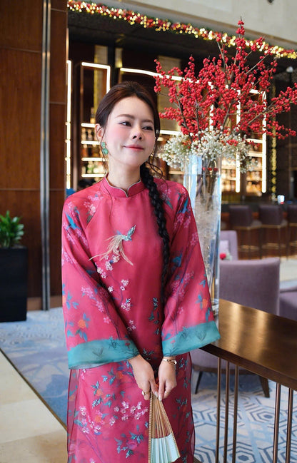 A96 - Set Áo Dài Cách Tân Hồng (kèm quần nhũ)