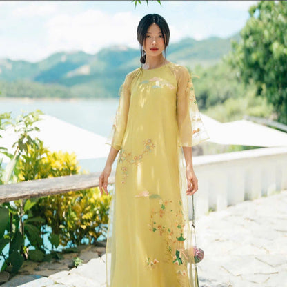 A123 - Relaxed Form Modernize Bright Yellow Set Áo Dài - kèm quần