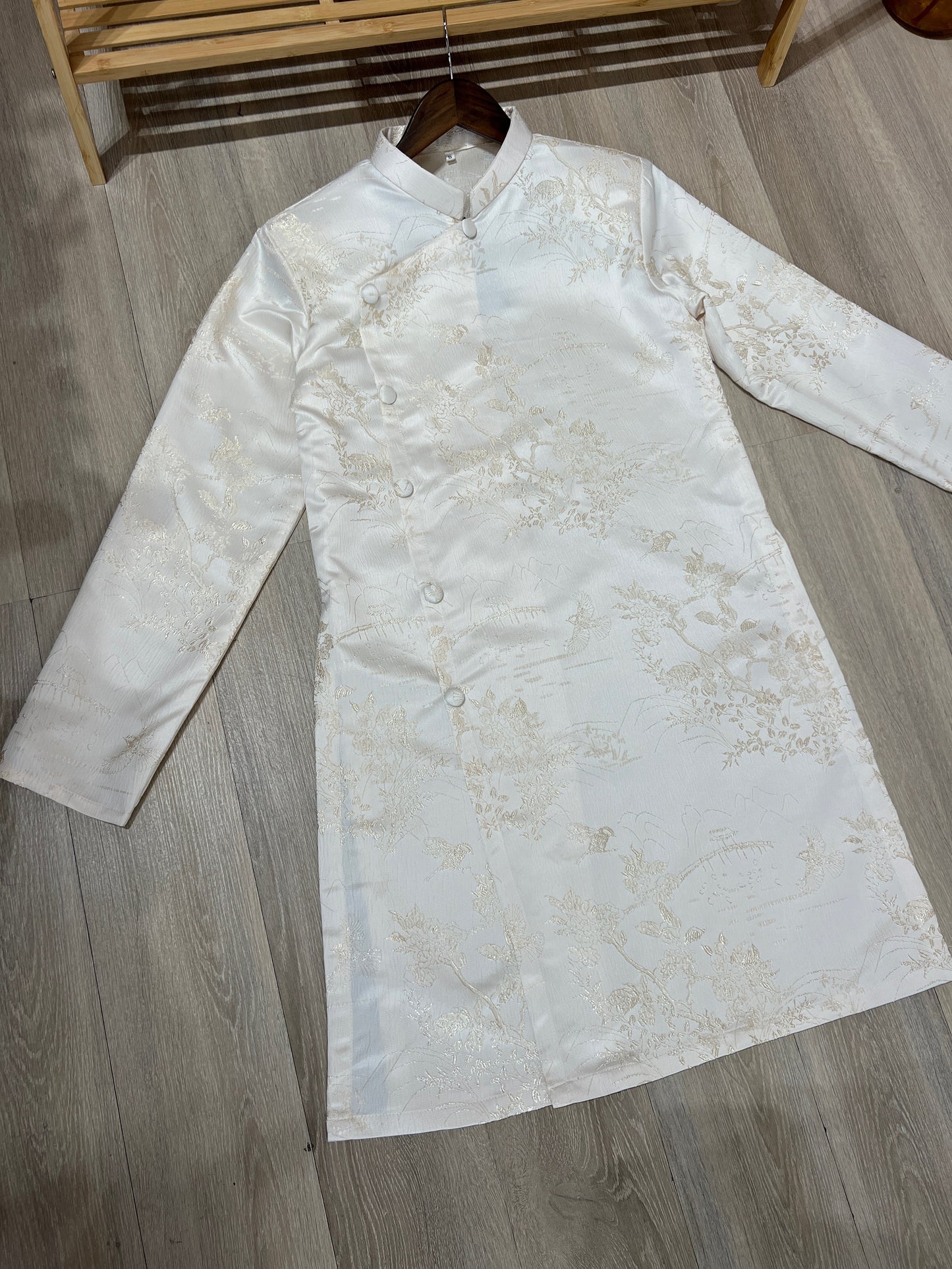 A80 - Men’s Áo Dài Gấm Trắng Kem