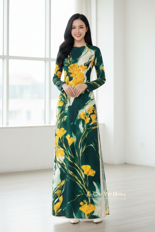 A51 - Áo Dài Lụa Tiêu Giao Green/Yellow