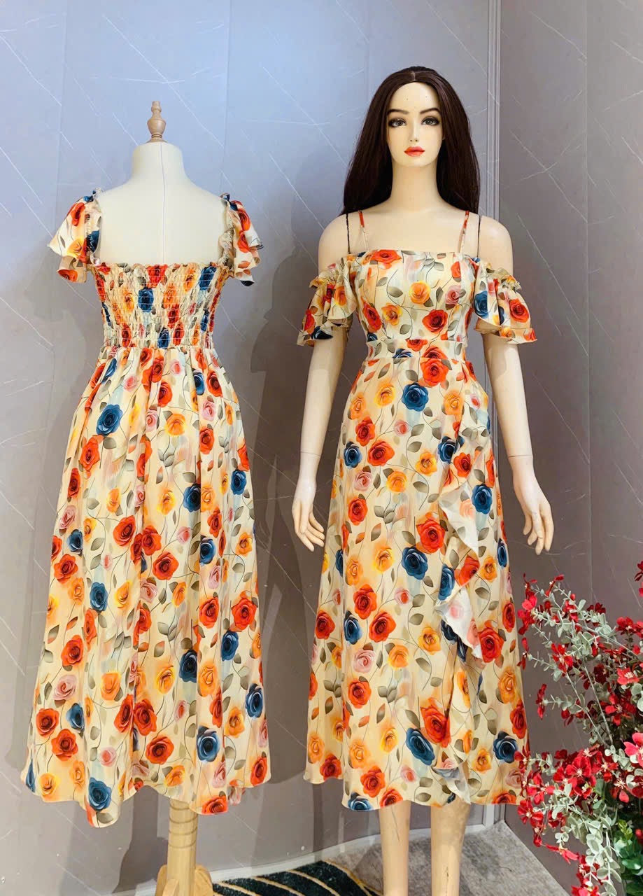 D34 - Midi Dress Off Shoulder 5D Flowers (Free size)