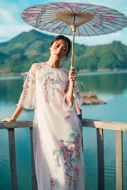 A120 - Relaxed Form Modernize Pink/Blue Set Áo Dài - kèm quần