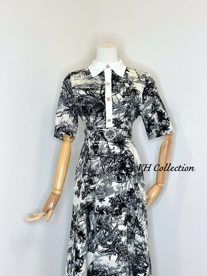 D81 - Black and White Pattern Shirt Collar Long Dress