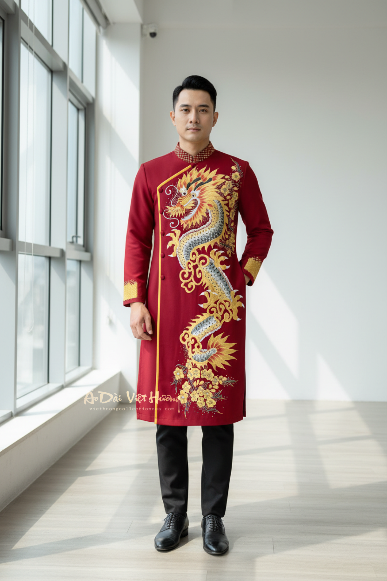 A92 - Men’s Áo Dài Đỏ Đô Vẽ Tay