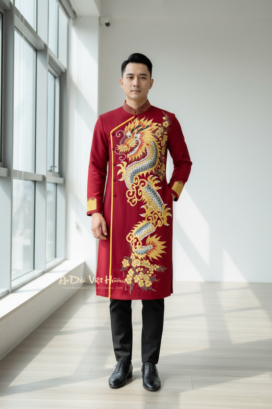 A92 - Men’s Áo Dài Đỏ Đô Vẽ Tay