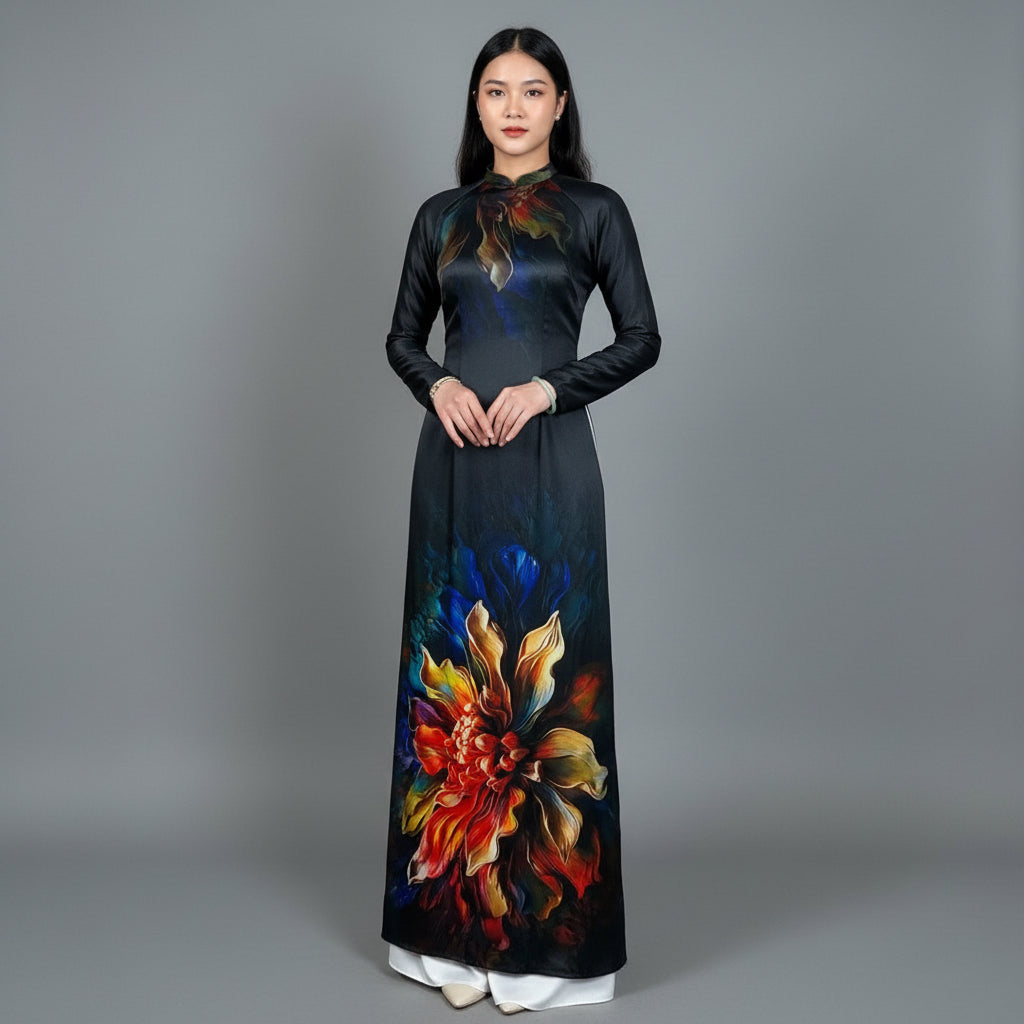 A18 - Áo Dài Lụa Ánh Sao Den Hoa Xanh. Final sale - Áo bị xước (no return/exchange)