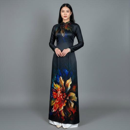 A18 - Áo Dài Lụa Ánh Sao Den Hoa Xanh. Final sale - Áo bị xước (no return/exchange)
