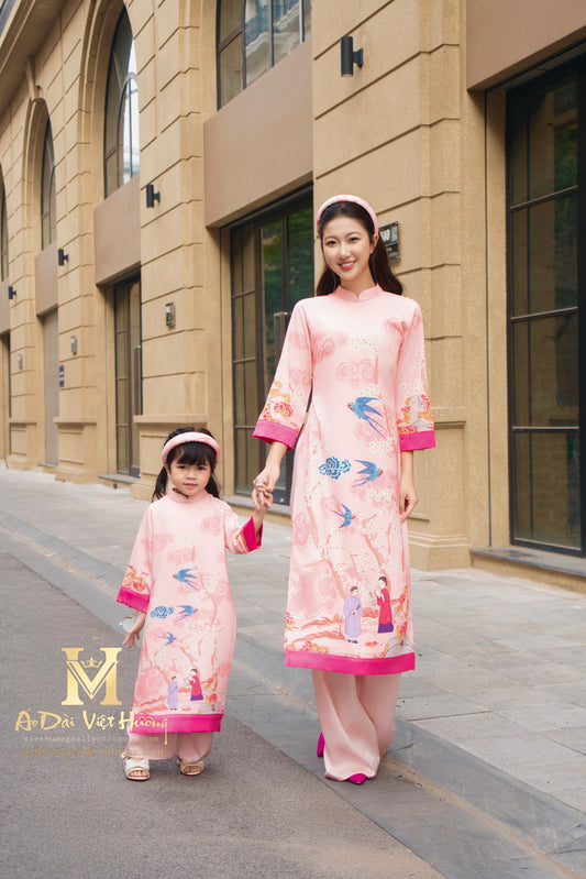 F27 - Pink Women’s Set Áo Dài Ý Xuân - kèm quần (Family Áo Dài)