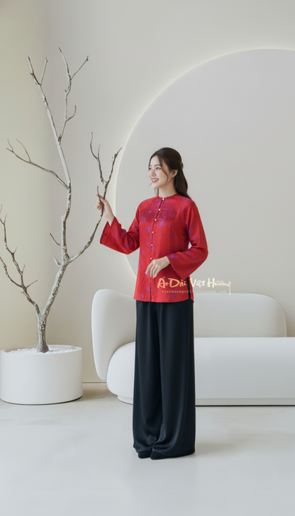 B1 - Áo Bà Ba Gấm Lụa Thiên Cúc Đỏ Hồng