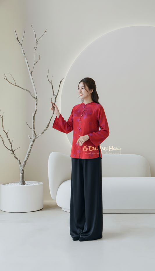 B1 - Áo Bà Ba Gấm Lụa Thiên Cúc Đỏ Hồng
