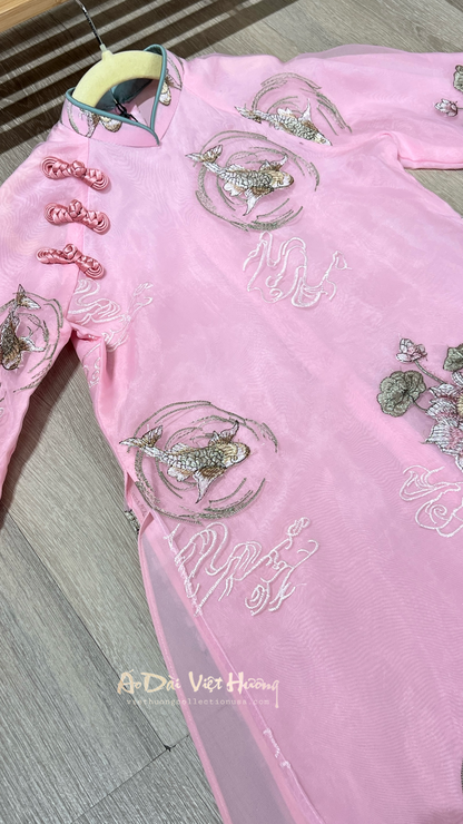 G2 - Girl’s Áo Dài Tơ Thêu Cá Koi 4 Tà Pink (Áo only)