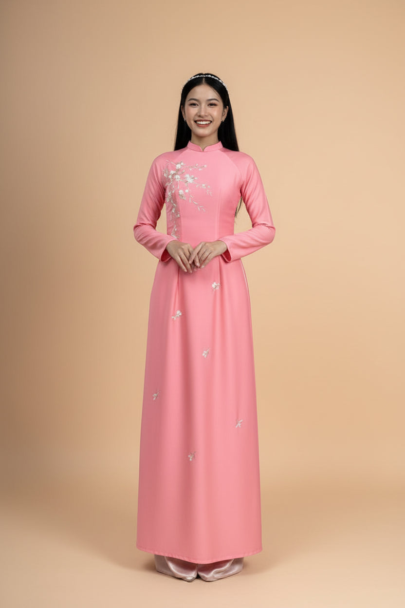 A64 - Áo Dài Lụa Ánh Sao Hồng Đào Thêu Hoa