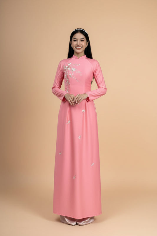 A64 - Áo Dài Lụa Ánh Sao Hồng Đào Thêu Hoa