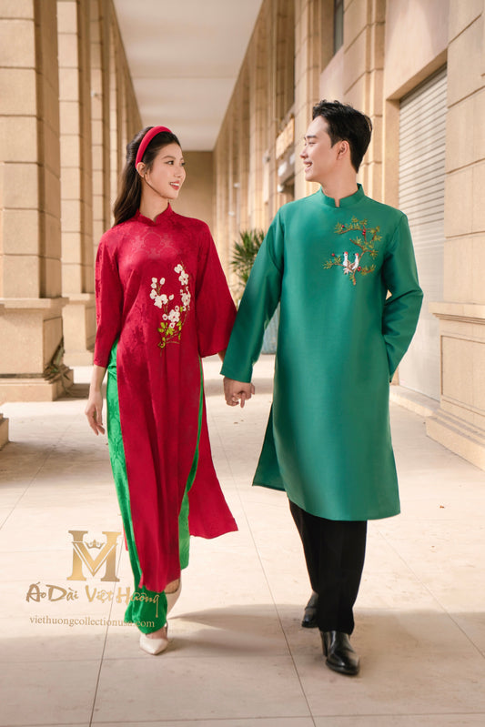 F22 - Embroidery Green Men’s Áo Dài Tân Xuân (Family Áo Dài)