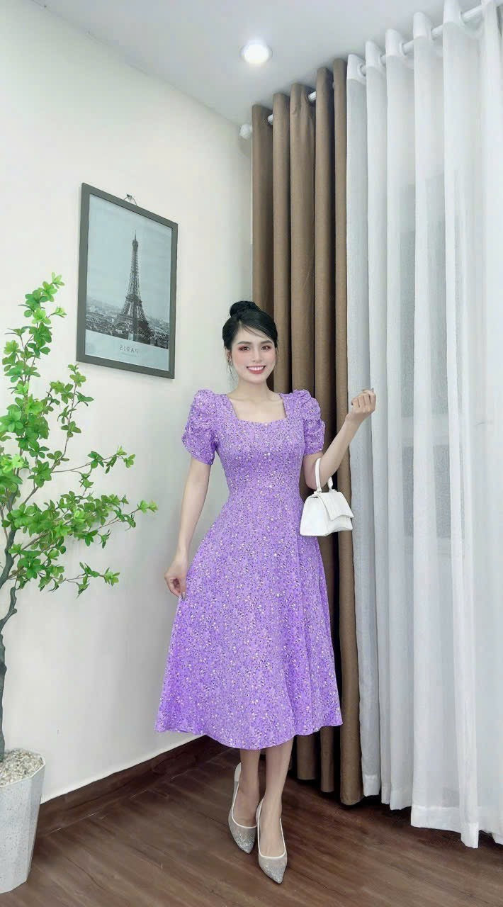 D45 - Midi Dress Purple Little Flowers