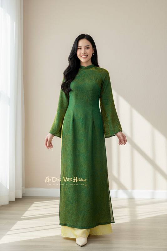A23 - Áo Dài Tencel Xanh lá ánh Vàng