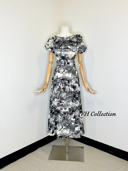 D85 - Black and White Pattern Cowl Neck Long Dress