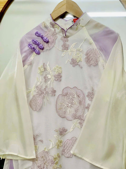M8 - Áo Dài Cách Tân Tơ Thêu 4 Tà Tím | Áo Only