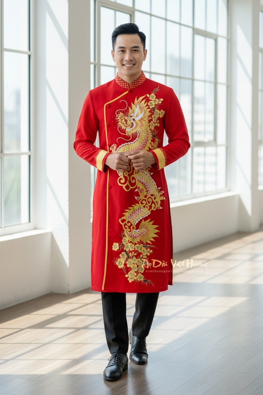 A87 - Men’s Áo Dài Đỏ Vẽ Tay