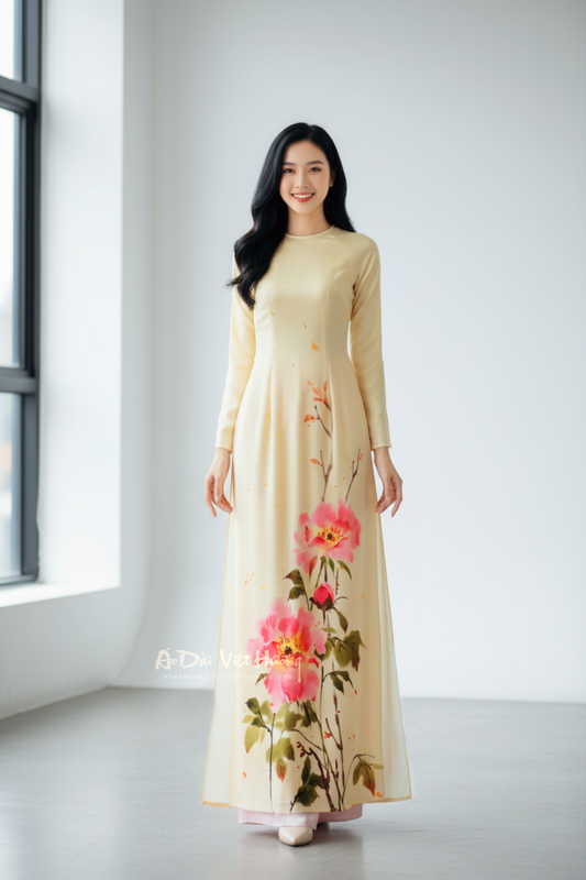 A55 - Áo Dài Lụa Tiêu Giao In Vàng Mỡ Gà