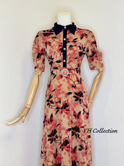 D82 - Nude Pink Flowers Shirt Collar Long Dress. Final sale (no return/exchange)