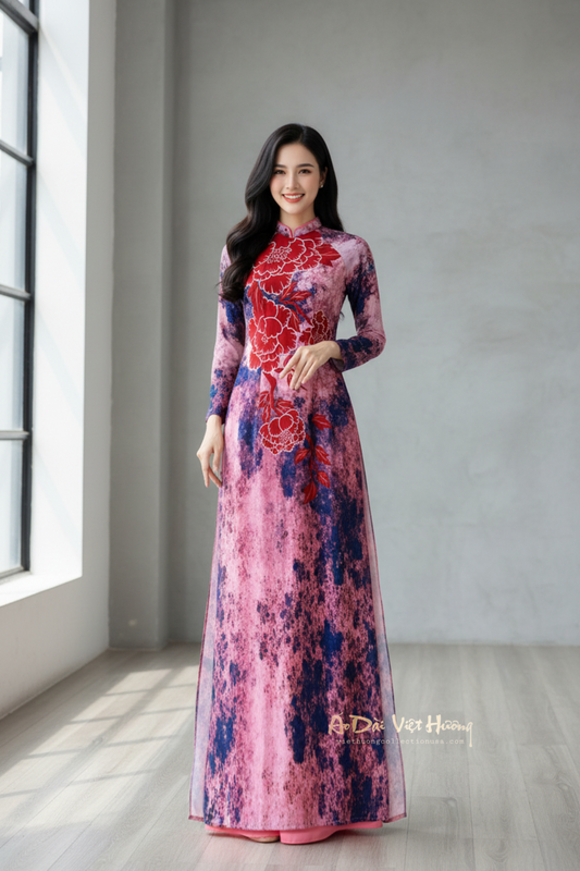 A68 - Áo Dài Chiffon 4 Tà Hồng phối Xanh