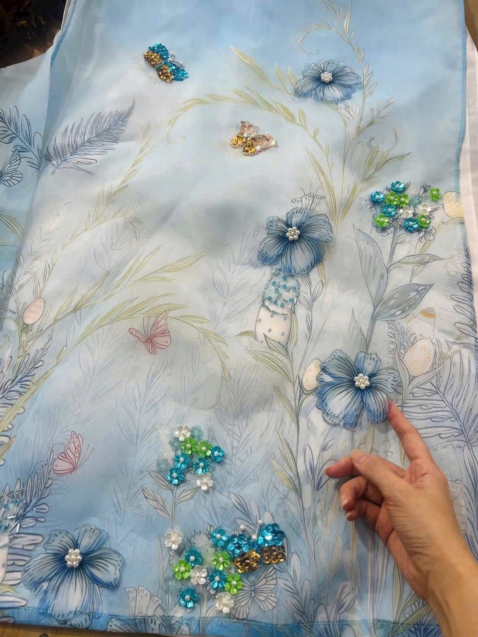 A117 - Set Áo Dài Cách Tân Suông light Blue (Kèm Quần nhũ)