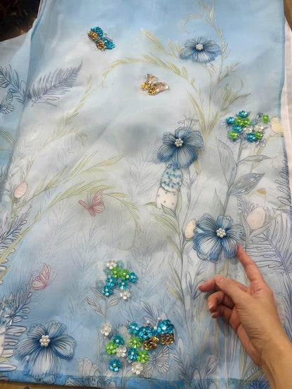 A117 - Set Áo Dài Cách Tân Suông light Blue (Kèm Quần nhũ)