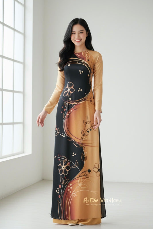 A52 - Áo Dài Lụa Tiêu Giao In Nâu/Đen