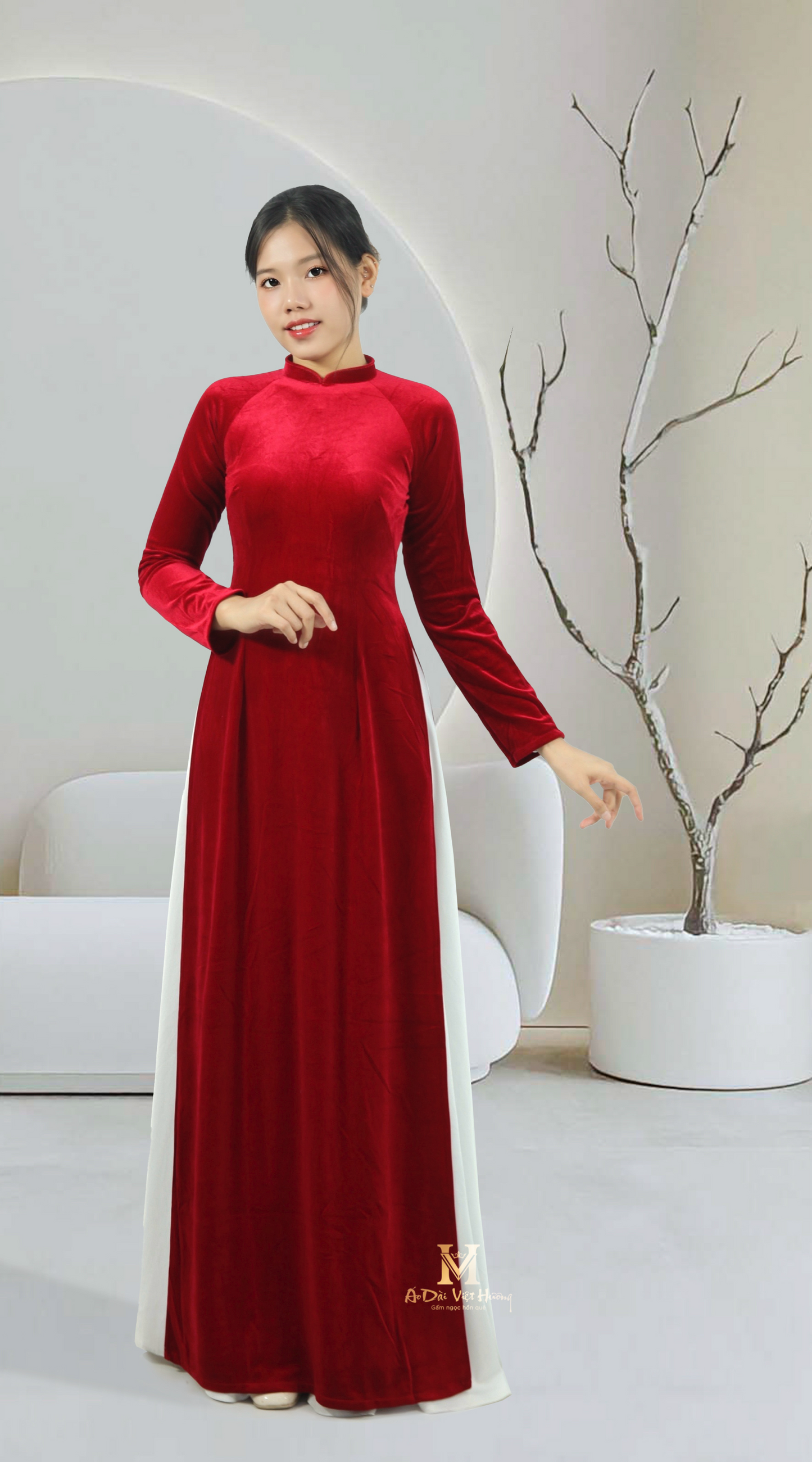 265 - Red Velvet Fabric Áo Dài (Áo Dài Nhung Đỏ Cổ 2cm)