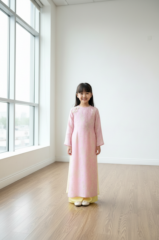 D20 - Girl’s Set Áo Dài 4 tà hồng/vàng (kèm quần)