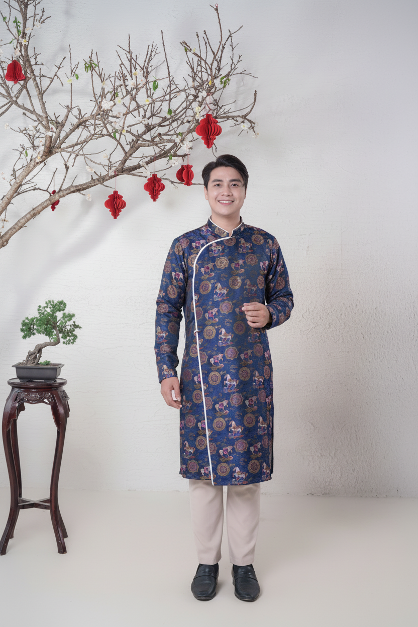 D9 - Men’s Áo Dài Gấm Ngựa Navy Blue