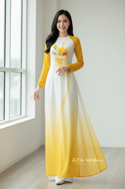 A66 - Áo Dài Chiffon 4 Tà White Yellow