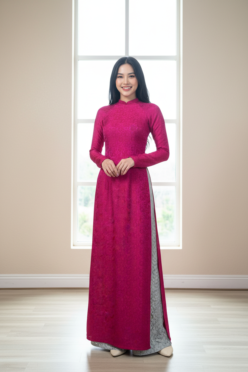 A01 - Áo Dài Truyền Thống Tơ Tằm Nha Xá hồng/đỏ