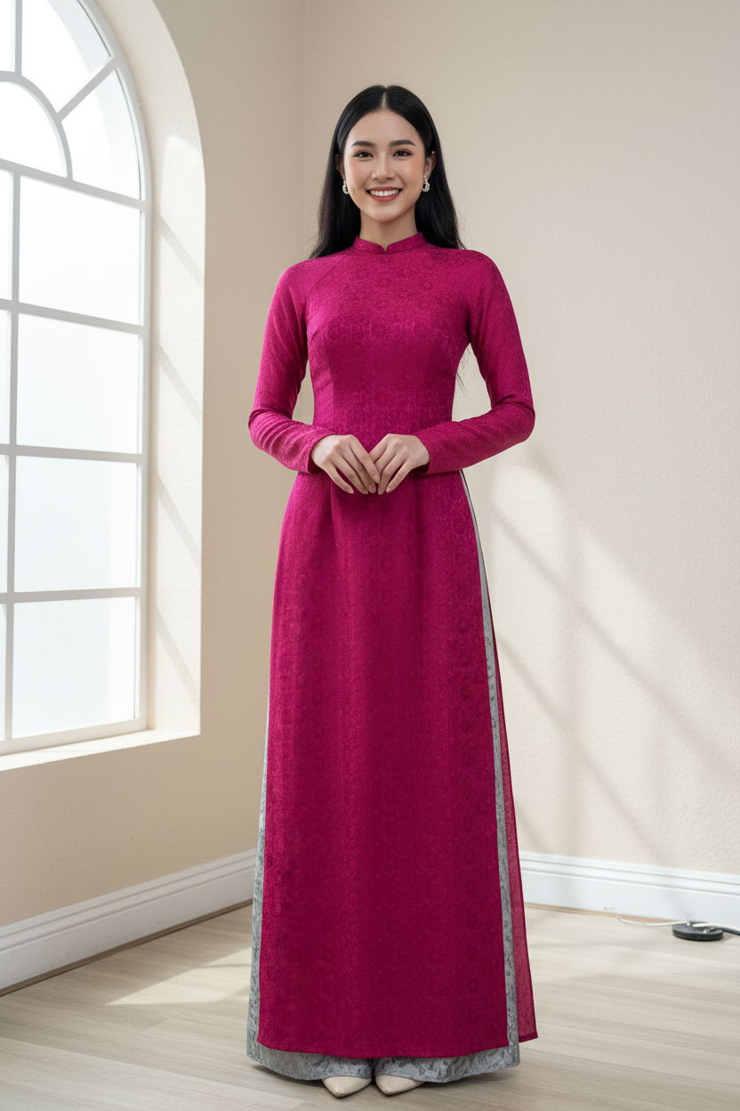 A01 - Áo Dài Truyền Thống Tơ Tằm Nha Xá hồng/đỏ