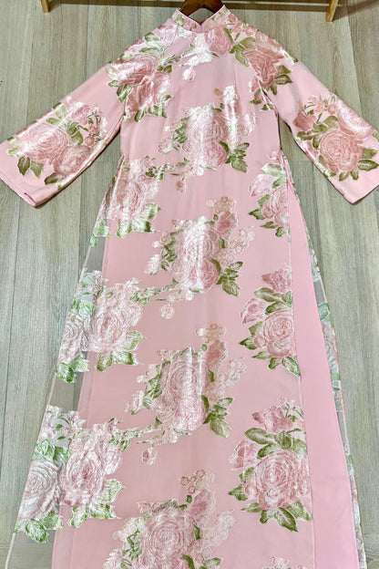 A26 - Áo Dài Dáng Suông Tơ Hoa Hồng (Cổ 2cm).