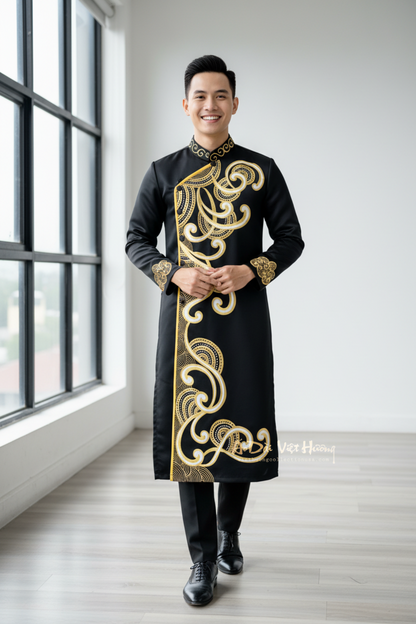 A90 - Men’s Áo Dài Đen vẽ tay