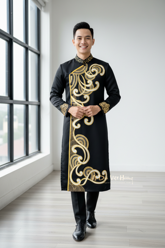 A90 - Men’s Áo Dài Đen vẽ tay