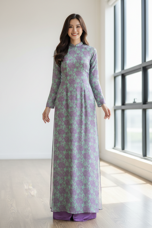 A143 - Áo Dài Gấm Cúc Đại Đoá Xanh/Tím (Cổ 2cm)