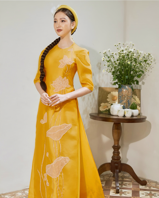 741 - Women’s Set Áo Dài Kim Liên Golden Yellow - kèm quần (Family Ao Dai). Final sale (no return/exchange)