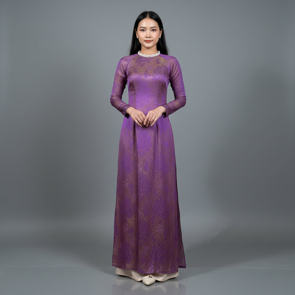 A34 - Áo Dài Tơ Tencel Tím Kết Đá