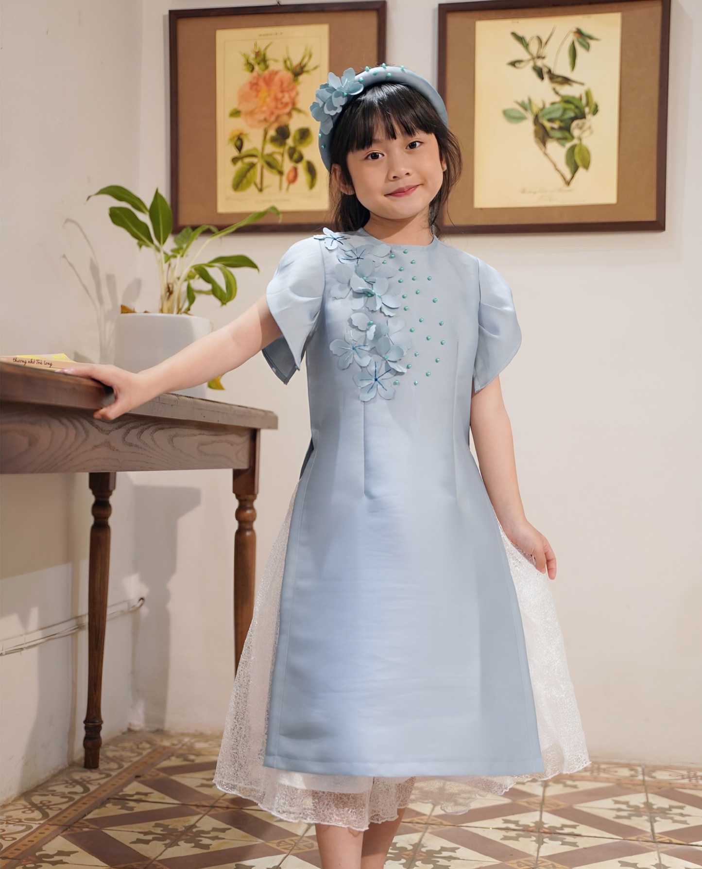 763 - Girl’s Áo Dài Thanh Vân Light Blue - kèm váy (Family Ao Dai)