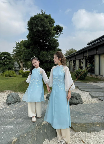 277 - Women Set Áo Dài Cách Tân Blue and White (kèm quần) - Mom & Girl matching