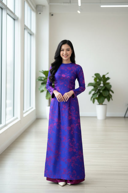 A29 - Áo Dài Gấm Lụa Hai Da Hoa Xanh/Tím (Cổ Tròn)