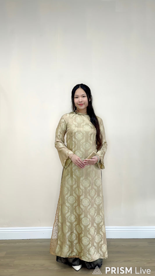 A02 - Áo Dài Lụa Tơ Tằm Nha Xá Thọ Dơi Phối Ren Olive Brown