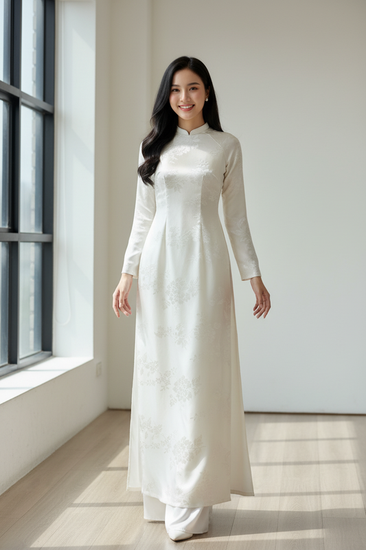 A32 - Áo Dài Silk Óng Trắng Kem (Cổ 1,5cm)
