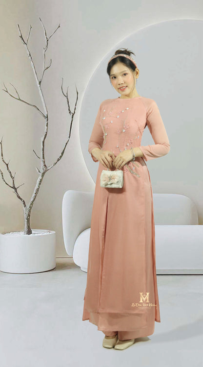 222 - Set Áo Dài Tứ Thân Tơ 4 Tà Earthy Pink - kèm quần