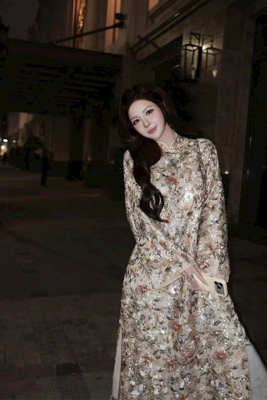 A51 - Set Áo Dài Sequin Nude/Green (kèm quần Nhũ)