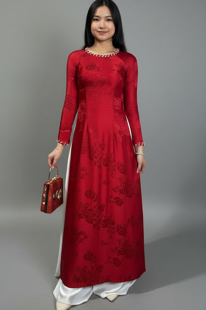 A59 - Áo Dài Silk Óng Đỏ Kết Đá (Cổ Thuyền Cạn)